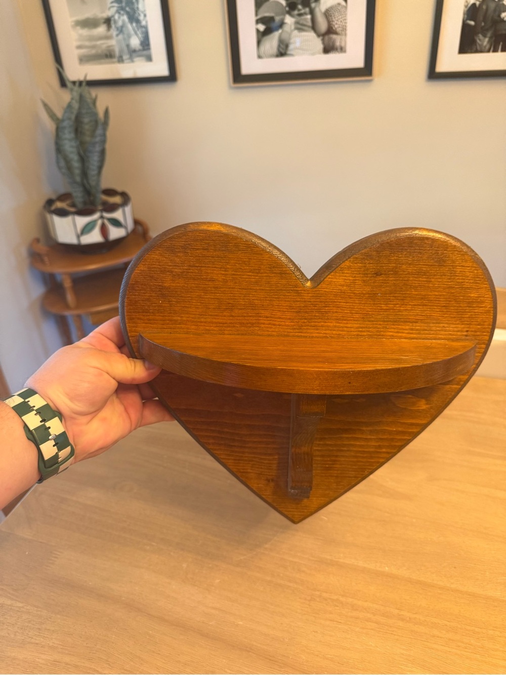 Vintage Handcrafted Heart-Shaped Wood Wall Shelf - Brown
